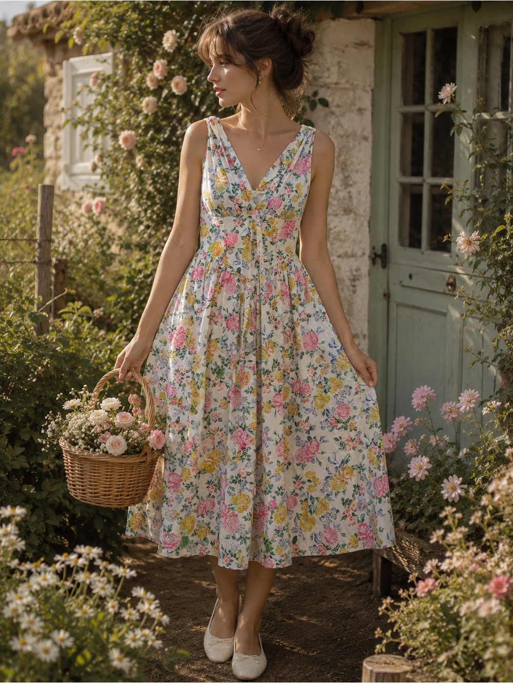 Boutique‎ Floral Cottagecore Midi Dress Garden Party Tea Dress Fit & Flare S